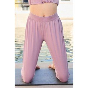 Women’s Purple Waist Elastic Band Side Zipper Pocket Contrast Mesh Pants
